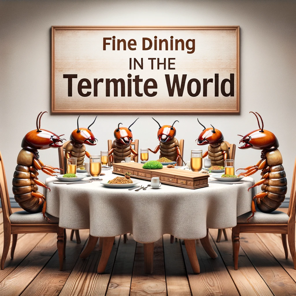 An image of termites sitting around a dining table, with wooden furniture as their meal. The scene should be humorous and exaggerated, depicting termites in a sophisticated setting, as if enjoying a high-class meal. The wooden furniture should look like food items on the table. The caption says: "Fine dining in the termite world."
