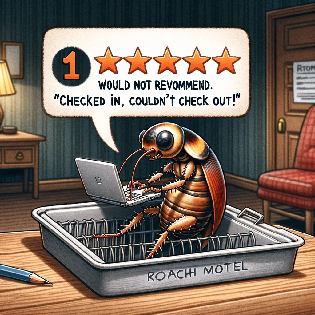 A cockroach writing a review on a laptop about a "roach motel" trap. The scene should be humorous, with the cockroach sitting in a disgruntled manner, typing on the laptop. The environment should resemble a hotel room, with the roach motel trap visible. The caption reads: "One star - would not recommend. Checked in, couldn't check out!"