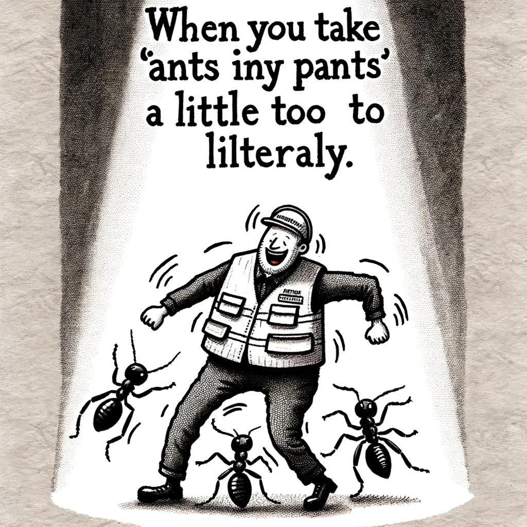 A cartoon of an exterminator wearing pants with ants in them, dancing frantically. The scene should be humorous and exaggerated, showing the exterminator's comical and uncomfortable reaction to the ants. The exterminator should be in a typical pest control uniform. The caption reads: "When you take 'ants in your pants' a little too literally."