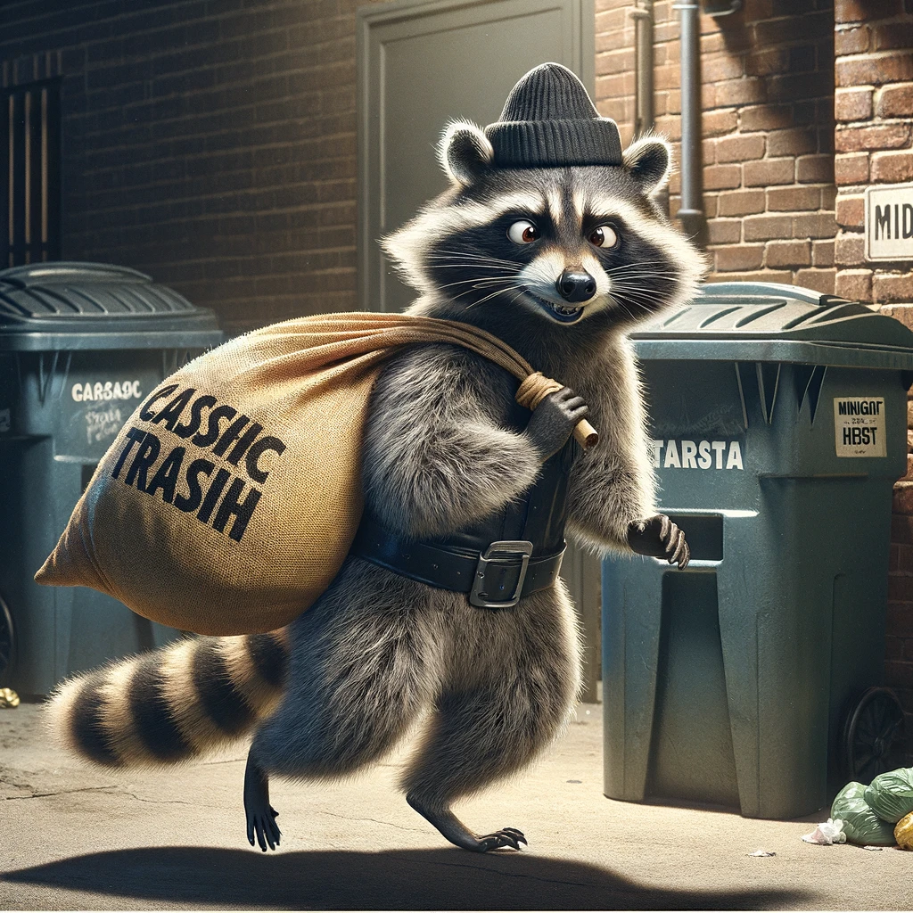 A raccoon dressed as a classic burglar, sneaking around with a bag labeled 'Trash'. The scene should be humorous, with the raccoon wearing a stereotypical burglar mask and tiptoeing in a comedic manner. The background should resemble an urban alleyway with garbage cans. The caption: "Midnight heist at the garbage can."