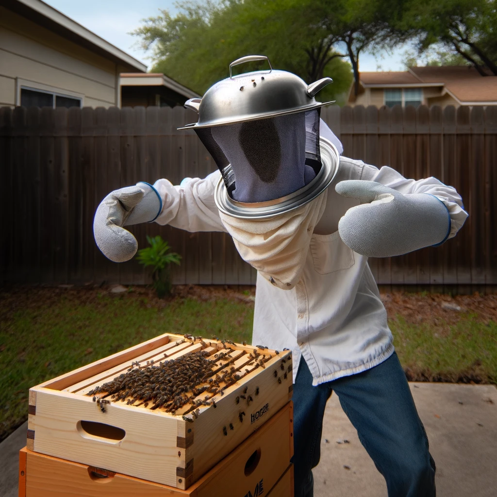 A person covered in makeshift protective gear, like a colander on the head and oven mitts, trying to remove a beehive. The scene should be humorous and exaggerated, showing the person in a panicked and clumsy pose. The background should be a typical suburban backyard. The caption: "DIY Beekeeping: Not as easy as it looks."