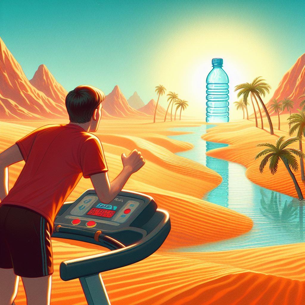 A person looking towards a mirage of an oasis while on a treadmill with a water bottle just out of reach. Caption: "The eternal struggle for hydration."