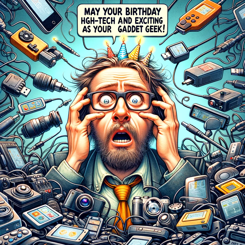 A humorous depiction of a man surrounded by an array of gadgets, looking bewildered or overly excited. Caption: "May your birthday be as high-tech and exciting as your gadgets. Happy Birthday, my gadget geek!"