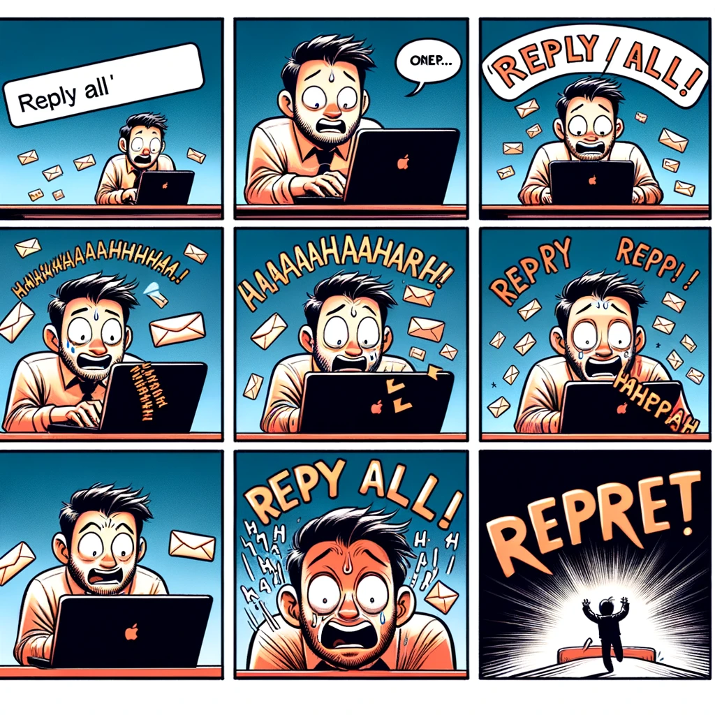 "Reply All" Regret: A person confidently hitting "reply all" on an email, followed by a series of panels showing their growing horror as they realize they sent a personal or inappropriate comment to a large group, including their boss. The artwork should be in a comic strip format, with the first panel showing the moment of sending the email, and subsequent panels depicting the escalating expressions of regret and horror in a humorous and exaggerated cartoon style.