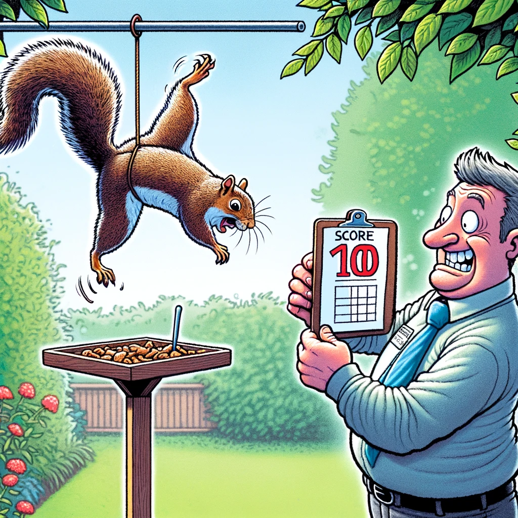 A squirrel performing acrobatics to reach a bird feeder, while a pest control professional looks on with a scorecard. The scene should be humorous, with the squirrel in a dynamic, acrobatic pose and the pest control professional holding a scorecard marked '10/10'. The background should be a garden or park. The caption: "10/10 for the effort, Mr. Squirrel."