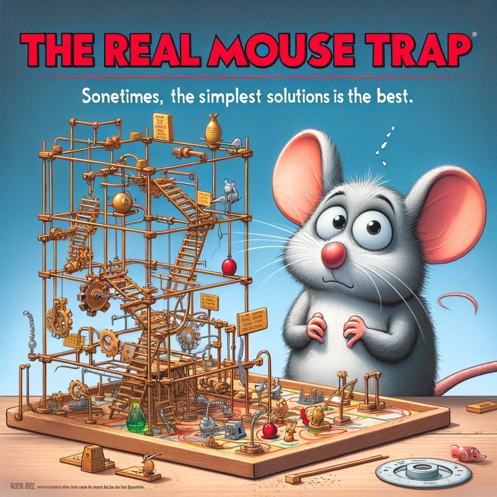 A board game titled "The Real Mouse Trap" featuring a cartoon mouse looking bewildered by an overly complex trap. In the background, the game board and pieces are visible with a comedic, intricate design. The mouse character is exaggeratedly cute and has a comical expression of confusion. The trap is a Rube Goldberg-style contraption, with numerous unnecessary steps and parts. The caption at the bottom reads, "Sometimes, the simplest solutions are the best." The image should have a playful and humorous feel, capturing the irony of the situation.