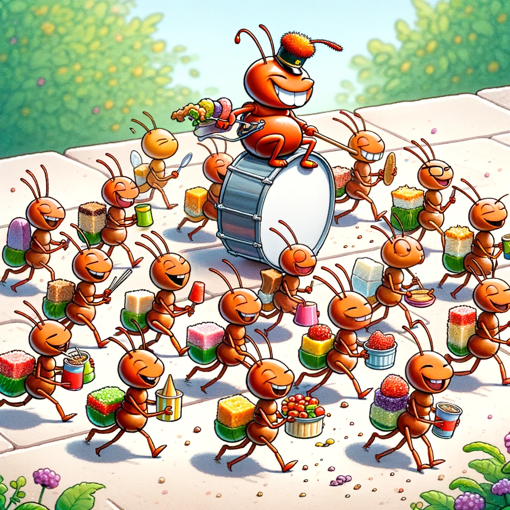 A line of cartoon ants carrying food in a formation that resembles a marching band. One ant stands out as a drum major, leading the group. The ants are animatedly marching, carrying various food items like crumbs, sugar cubes, and small fruits. They are wearing tiny, comical band hats and have a focused, determined expression. The background shows a garden setting, enhancing the humor of the scene. The caption at the bottom of the image says, "The annual ant parade - food, music, and teamwork!" The image should be colorful and lively, emphasizing the whimsical nature of the concept.