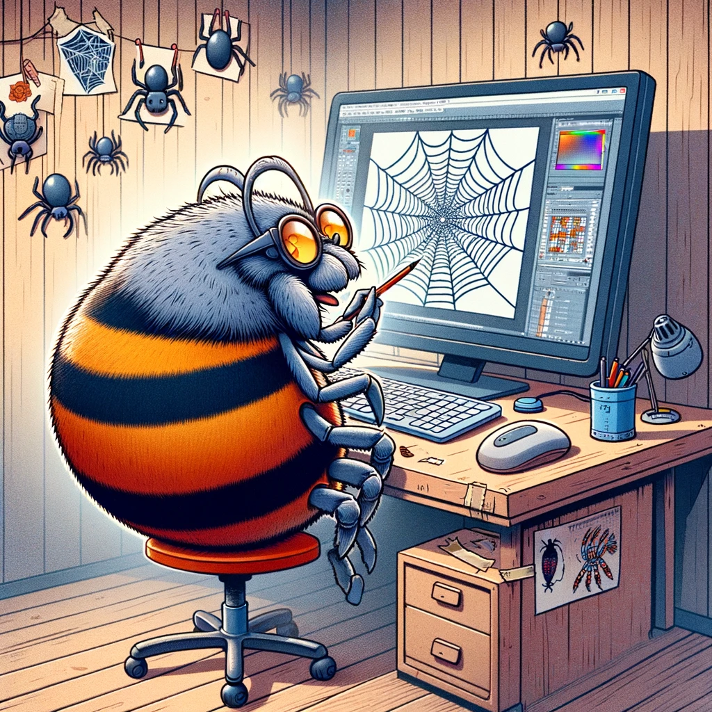 A cartoon spider sitting at a computer desk, designing a web with complex patterns on a graphic design software. The spider is anthropomorphized with glasses and a look of concentration. The computer screen shows an intricate web design in progress. The room is depicted as a cozy corner with spider-themed decor, emphasizing the spider's profession as a web designer. The caption at the bottom of the image reads: "Web design is more complicated than you think." The image should have a humorous and creative vibe, highlighting the pun on web design.