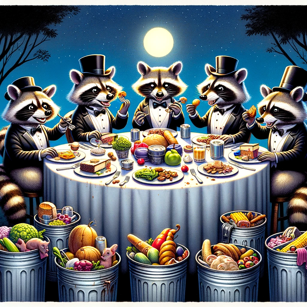 A group of cartoon raccoons dressed in fancy attire, dining at a table made from trash cans. The raccoons are wearing elegant clothes like tuxedos and dresses, adding a comedic contrast to their setting. They are feasting on various food scraps found in the trash, presented in a gourmet style. The scene is set under a moonlit night, creating a whimsical and ironic atmosphere of a high-class dinner. The caption at the bottom says, "The Raccoon's Gala: A night of fine dining." The image should be humorous and charming, emphasizing the raccoons' enjoyment of their unusual feast.