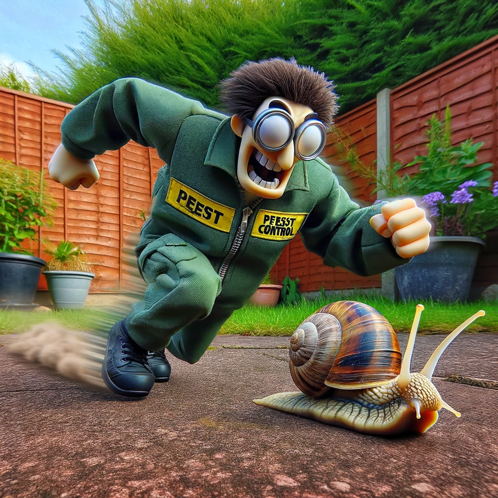 A humorous scene of a pest control person and a snail in a slow-motion chase. The pest control person is comically exaggerated in a running pose, but only inches away from the snail, which is moving at its usual slow pace. The setting is a garden, adding to the absurdity of the high-speed chase. Both characters have determined expressions, making the scene even funnier. The caption at the bottom reads, "High-speed chase, pest control style!" The image should be playful and comical, emphasizing the irony of the 'high-speed' aspect in this slow chase.