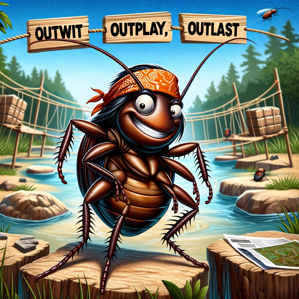 A cartoon cockroach depicted as a contestant on a survival reality show. The cockroach is wearing a bandana and has a confident, adventurous expression. It's surrounded by a wilderness setting, with challenges like rope bridges and obstacle courses in the background, simulating a survival game. The cockroach is carrying a tiny backpack and a map, looking ready for the challenge. The caption says: "Outwit, Outplay, Outlast: The Cockroach Edition." The image should have a humorous twist, portraying the cockroach as a determined and unlikely hero of the survival game.