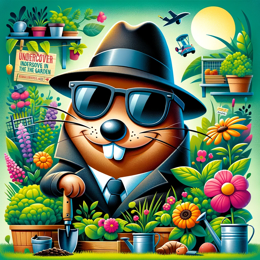 A cartoon mole wearing sunglasses and a detective hat, sneaking around a garden. The mole has a sly, mischievous expression and is shown in a classic spy pose, peeking around a plant. The garden setting is lush and colorful, adding a playful contrast to the mole's undercover mission. Various garden elements like flowers, vegetables, and garden tools are visible, enhancing the scene. The caption reads, "Undercover in the garden - Agent Mole at your service." The image should be whimsical and engaging, emphasizing the mole's role as a humorous secret agent.