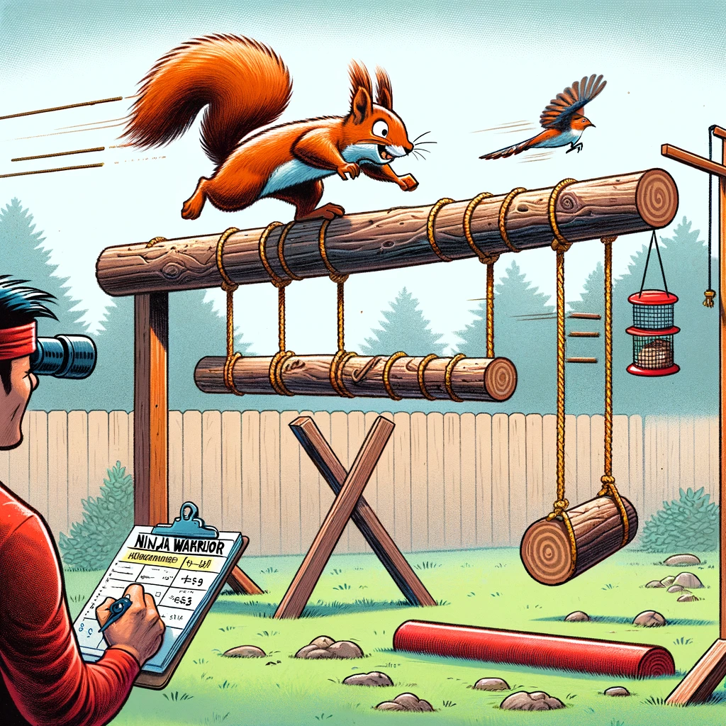 A cartoon squirrel navigating an obstacle course to get to a bird feeder. The squirrel is agile and focused, leaping over obstacles like swinging logs and balance beams. A homeowner watches with binoculars, scoring the performance on a notepad. The setting is a backyard with the bird feeder as the prize at the end of the course. The obstacles are creatively designed, resembling those from a ninja warrior course. The caption reads, "Ninja Warrior: Squirrel Edition." The image should be dynamic and playful, capturing the challenge and determination of the squirrel.