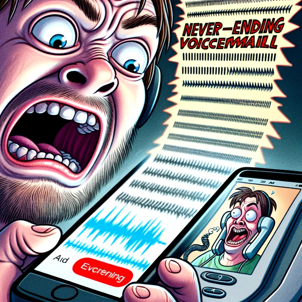 The Never-ending Voicemail: An image showing a person's increasingly exasperated face as they listen to a voicemail that seems to go on forever, with the audio transcription on the side getting increasingly absurd and off-topic. The scene should be humorous, with the person's facial expression growing more and more incredulous and frustrated, alongside a cartoon-style depiction of the bizarre and lengthy voicemail transcription.