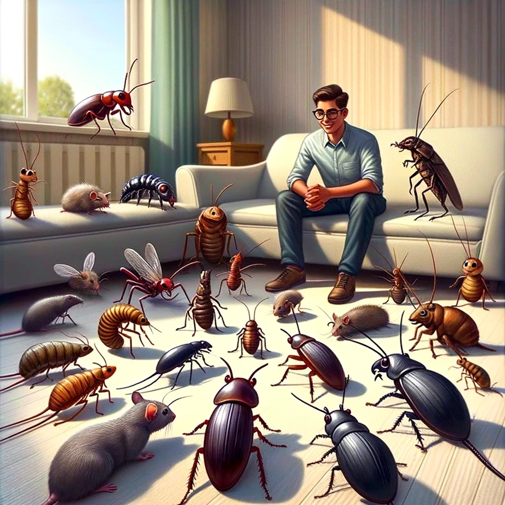 A pest control professional calmly talking to a group of various pests like ants, roaches, and mice, as if mediating a meeting. The scene is set in a living room, where the pests are gathered around like in a group discussion. The pest control person is depicted as patient and understanding, while the pests have curious and attentive expressions. The image creates a sense of humor and irony, as the pests are humanized in this unusual meeting. The caption reads, "The Pest Whisperer: Solving problems through communication." The image should be whimsical and engaging, emphasizing the absurdity and humor of the situation.