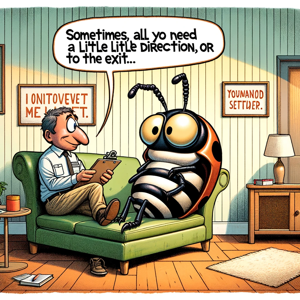 A cartoon bug sitting comfortably on a couch in a cozy room, talking to a pest control professional who is dressed like a life coach, complete with a clipboard and a thoughtful expression. The room resembles a therapist's office, with motivational posters on the walls and a calm, welcoming atmosphere. The bug looks contemplative, as if pondering life choices. The caption at the bottom says: "Sometimes, all you need is a little direction in life... or towards the exit."