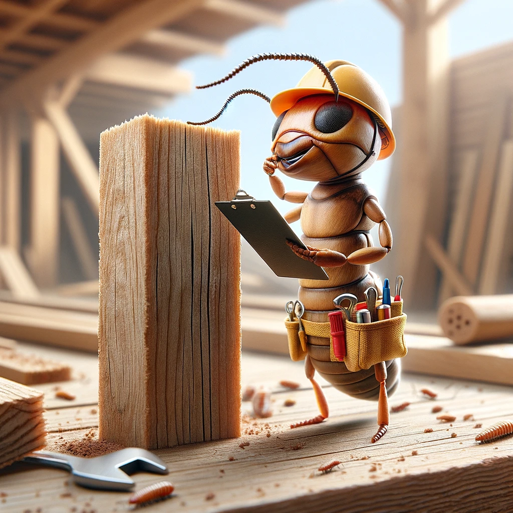 A termite wearing a hard hat and a tool belt, standing beside a wooden beam, holding a clipboard as if inspecting it. The termite appears focused and professional, examining the wood closely. The scene is set in a construction-like environment, with other wooden structures and tools around. The termite's tool belt is filled with miniature construction tools, emphasizing its role as a carpenter. The caption at the bottom reads: "Quality control in termite world: This wood's just perfect!"