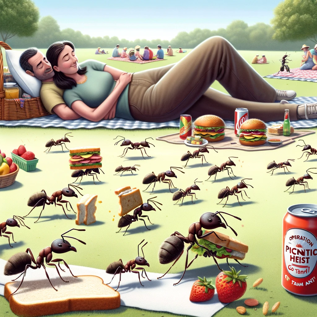 A scene of tiny ants stealthily carrying away various picnic items like sandwiches, fruit, and a soda can, while the picnickers, a couple, are napping nearby on a blanket. The ants look like skilled thieves, working in a coordinated manner. The background shows a typical picnic setting in a park with trees and a sunny sky. The ants form a line, showcasing teamwork and strategy. The caption at the bottom reads: "Operation Picnic Heist: Go Team Ant!"