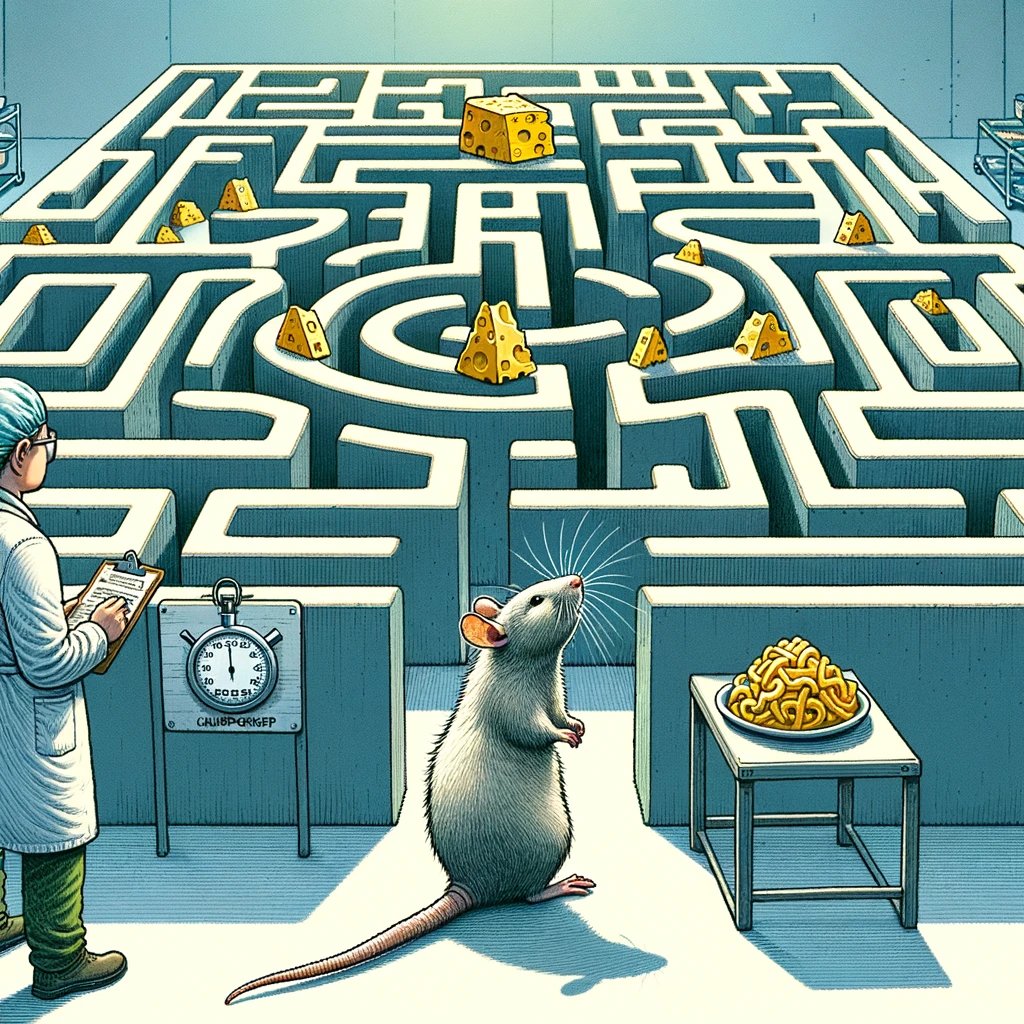 A puzzled-looking rat standing at the entrance of a complicated maze, with cheese at the far end. The maze is intricate, with multiple paths and dead ends, challenging the rat's navigation skills. A pest control expert stands nearby, holding a stopwatch and clipboard, as if timing the rat's progress. The setting resembles a laboratory or testing facility, with a clean and controlled environment. The caption at the bottom reads: "Rat Maze Championship: Who's the fastest of them all?"