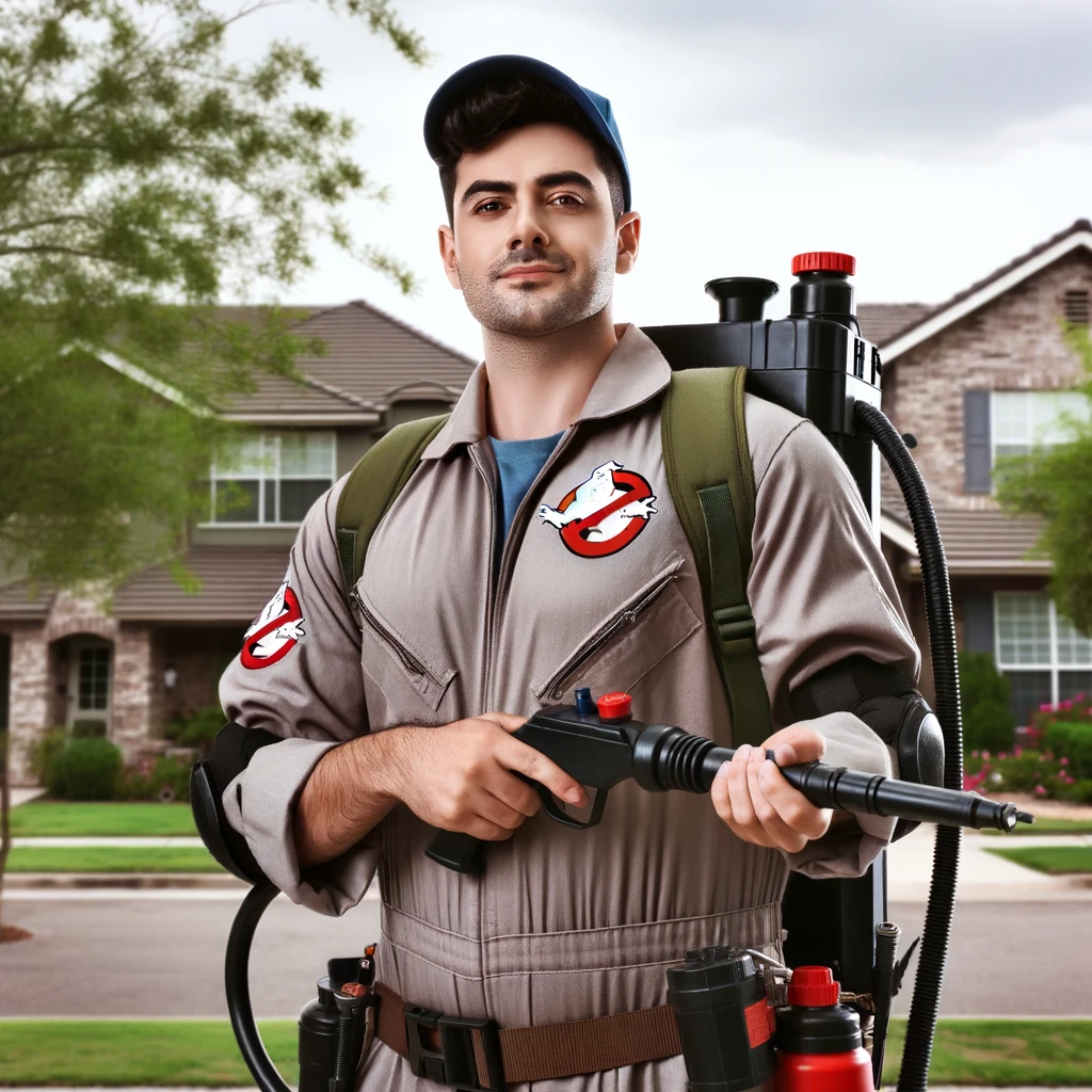 A pest control professional dressed in a Ghostbusters outfit, complete with a jumpsuit and a ghost-themed emblem, holding a spray gun that resembles ghost-catching equipment. The exterminator looks confident and ready for action, standing in a typical suburban neighborhood with houses and trees. The setting gives a playful nod to the Ghostbusters theme, with a slightly spooky and humorous undertone. The caption at the bottom reads: "Who you gonna call? Pest Busters!"