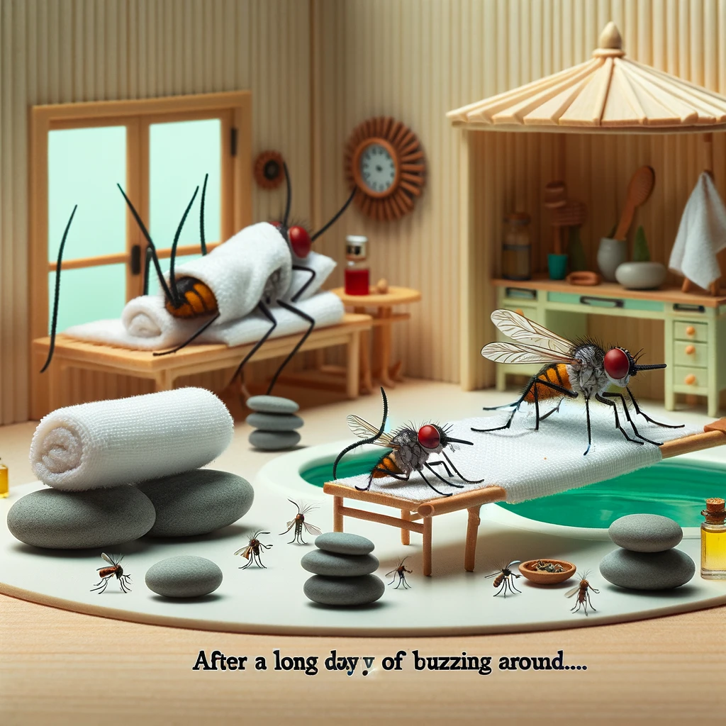 A humorous depiction of mosquitoes at a spa, with one mosquito relaxing in a tiny sauna and another getting a massage from a tiny massage therapist insect. The spa setting is miniaturized to fit the scale of the mosquitoes, complete with tiny towels, stones, and essential oils. The environment is serene and relaxing, resembling a high-end spa, but with an amusing twist due to the insect clientele. The caption at the bottom reads: "After a long day of buzzing around..."