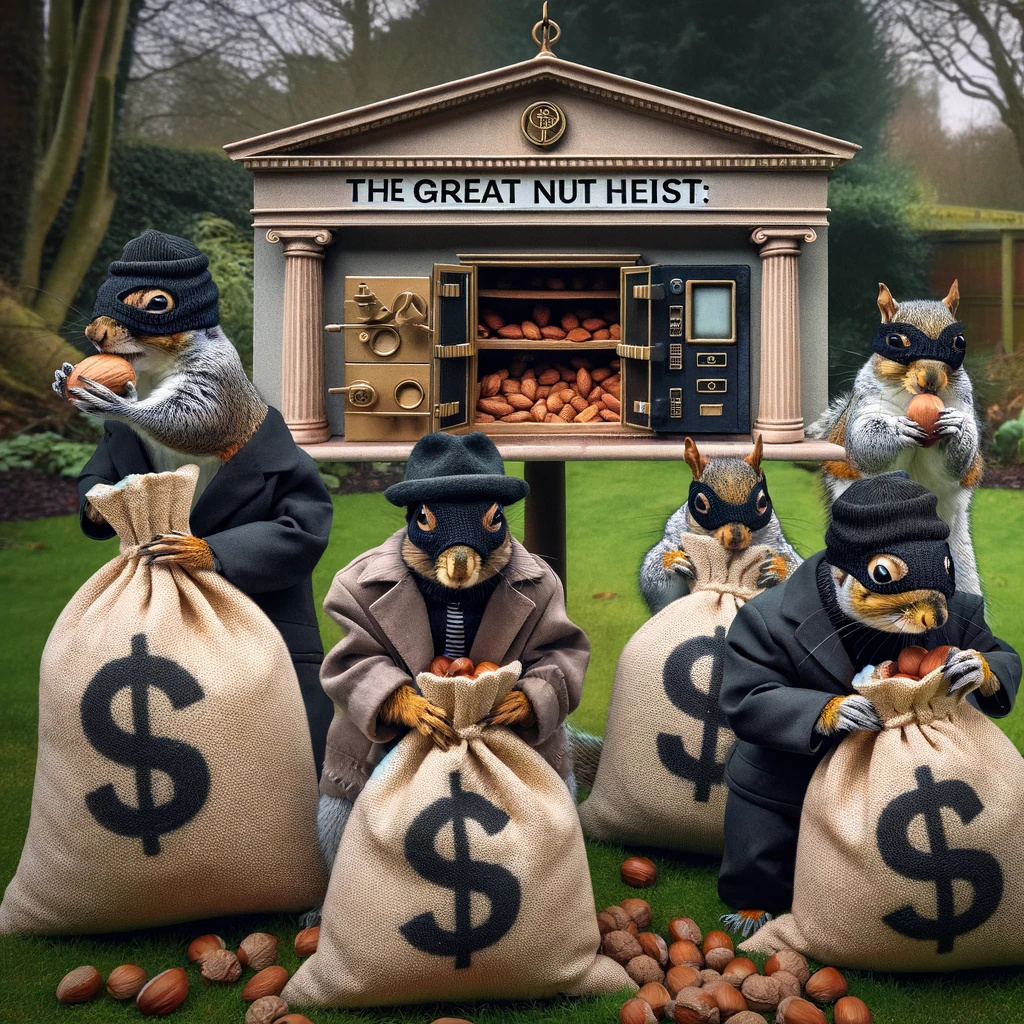 A group of squirrels dressed as classic bank robbers, complete with masks and bags marked with dollar signs, carrying nuts away from a bird feeder shaped like a bank vault. The squirrels look sneaky and cunning, with one acting as a lookout while others stuff their bags with nuts. The scene is set in a backyard with trees and a garden, adding a natural and playful backdrop to the heist. The caption at the bottom reads: "The Great Nut Heist: Masterminded by the Squirrel Squad."