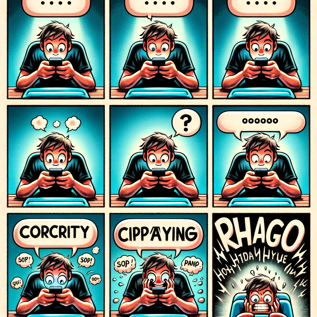 The Typing Bubble Anxiety: A comic strip depicting a person anxiously watching the typing bubble in a messaging app, with each panel showing their escalating reactions – from curiosity to panic – as the bubble appears and disappears without a message being sent. The artwork should capture the range of emotions in a humorous way, from initial curiosity to growing impatience and eventual panic, all focused on the small typing bubble on their phone screen.
