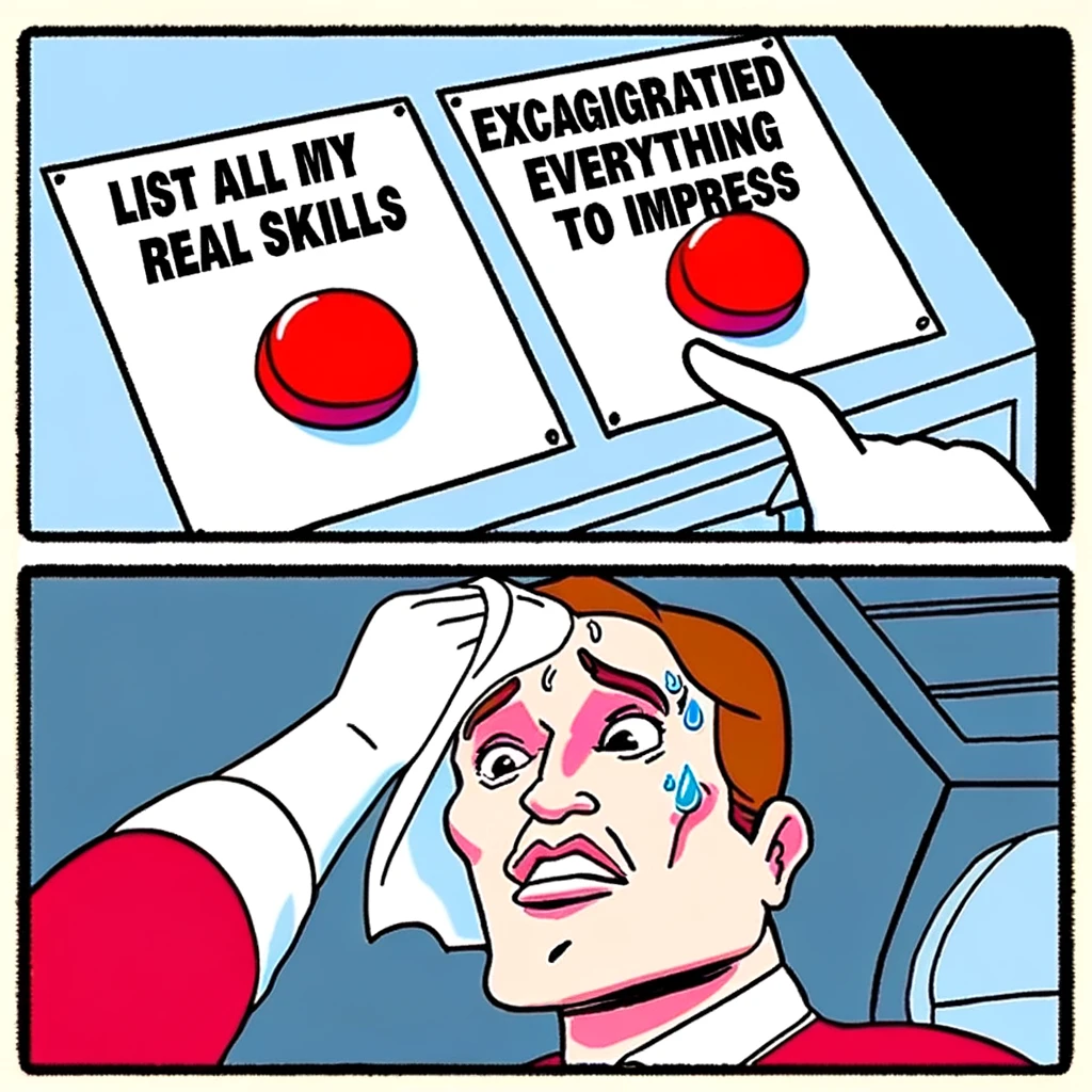 Two Buttons Meme: A cartoon character sweating and looking stressed while deciding between two buttons. The first button is labeled "List all my real skills" and the second button is labeled "Exaggerate everything to impress." Below is a caption that reads, "Making a resume be like." The scene is set in a simple, office-like background.