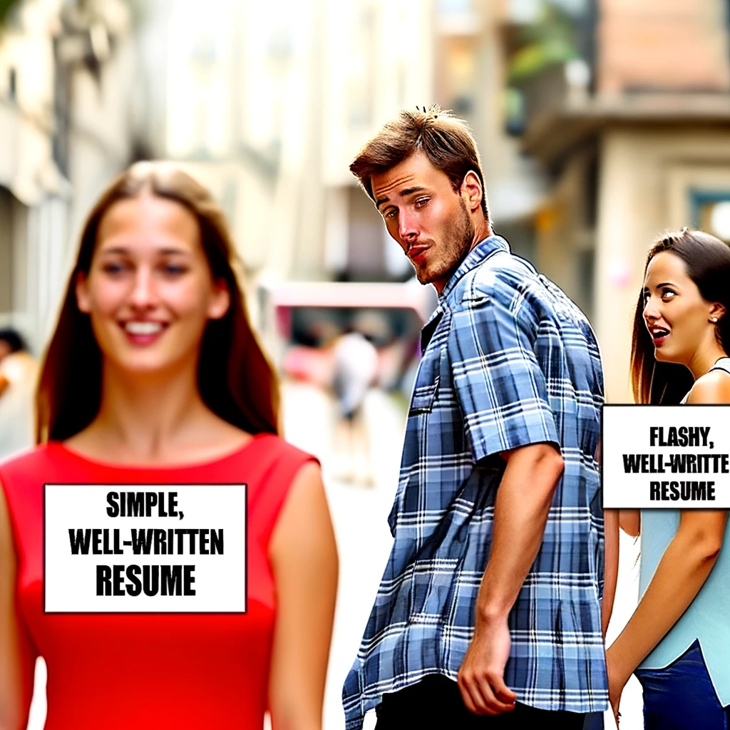 Distracted Boyfriend Meme: A man (labeled as 'recruiter') is walking with his girlfriend (labeled as 'simple, well-written resume') but he is distracted and looking back at another woman (labeled as 'flashy resume'). The girlfriend looks on in disbelief. Caption at the bottom reads, "Recruiters every time." The background is a city street scene to mimic the original meme setting.