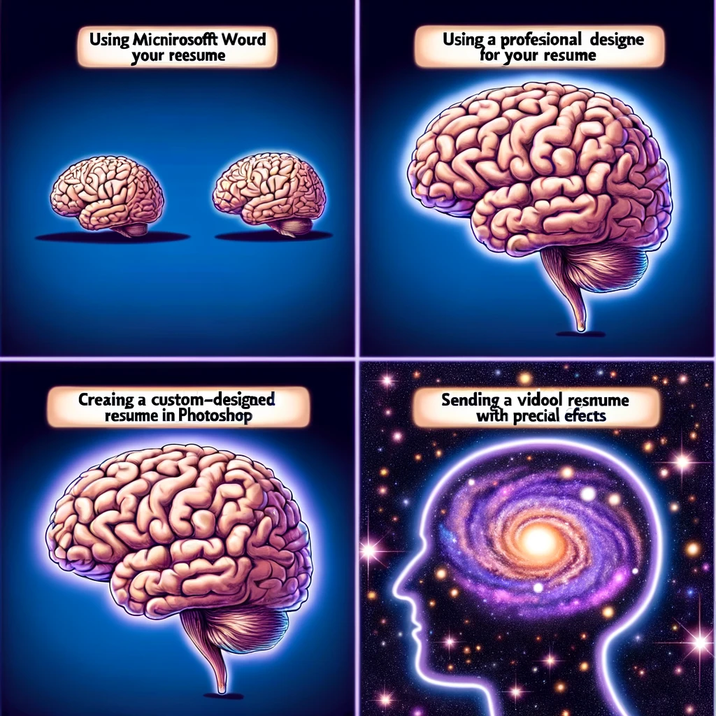 Expanding Brain Meme: Four panels showing the evolution of ideas. First panel: A small brain with the caption "Using Microsoft Word for your resume." Second panel: A slightly larger brain, captioned "Using a professional resume builder." Third panel: A larger brain with lights, captioned "Creating a custom-designed resume in Photoshop." Fourth panel: A galaxy within a brain, captioned "Sending a video resume with special effects." The panels progress from simple to complex, reflecting the growth in idea complexity.