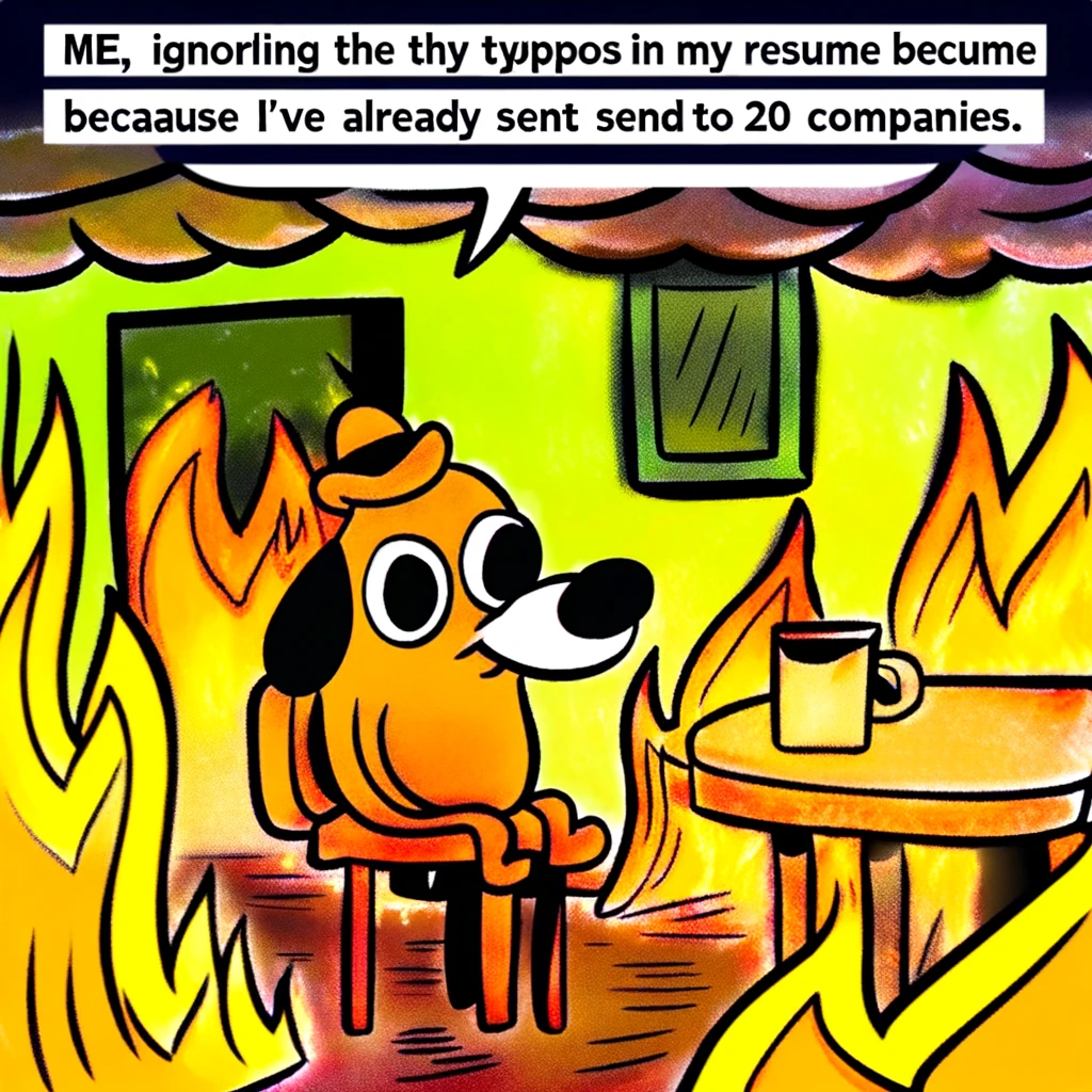 "This Is Fine" Dog Meme: A cartoon dog sitting calmly at a table in a room engulfed in flames, looking relaxed. The dog says, "This is fine." Below the image, a caption reads, "Me, ignoring the typos in my resume because I've already sent it to 20 companies." The scene should reflect a sense of calm amidst chaos, echoing the irony of the situation.