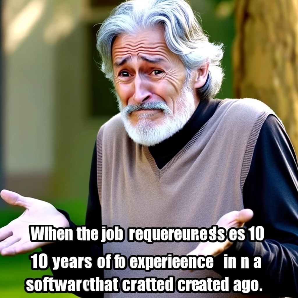 "I Guess I'll Die" Meme: An image of an old man shrugging with a resigned expression. The caption reads, "When the job requires 10 years of experience in a software that was created 5 years ago." The man should appear somewhat baffled and humorous, emphasizing the absurdity of the situation. The background is simple and does not distract from the main character and caption.