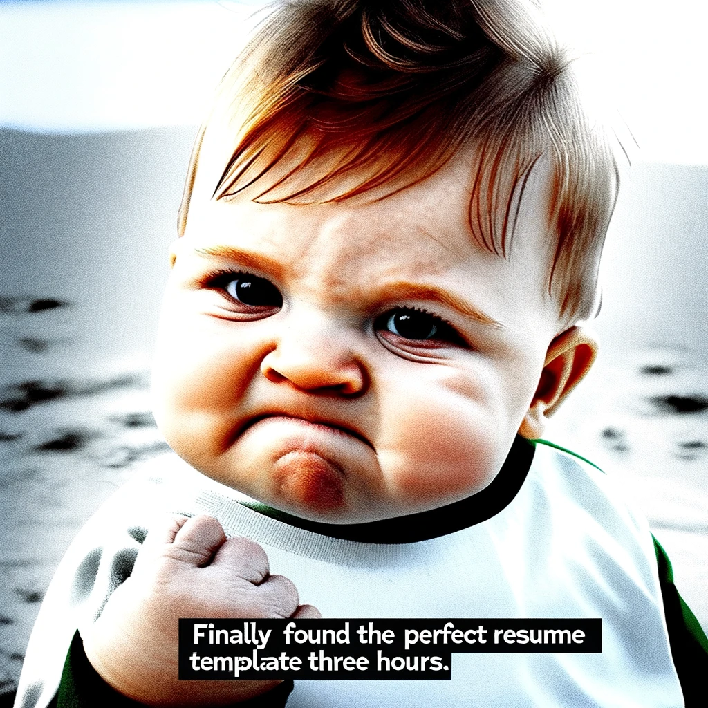 Image of a baby with a determined and triumphant expression, clenching a fist. The baby is looking slightly upwards, embodying a sense of victory. The background is simple and not distracting. There's a caption at the bottom of the image in bold, impact font that reads: 'Finally found the perfect resume template after three hours.'