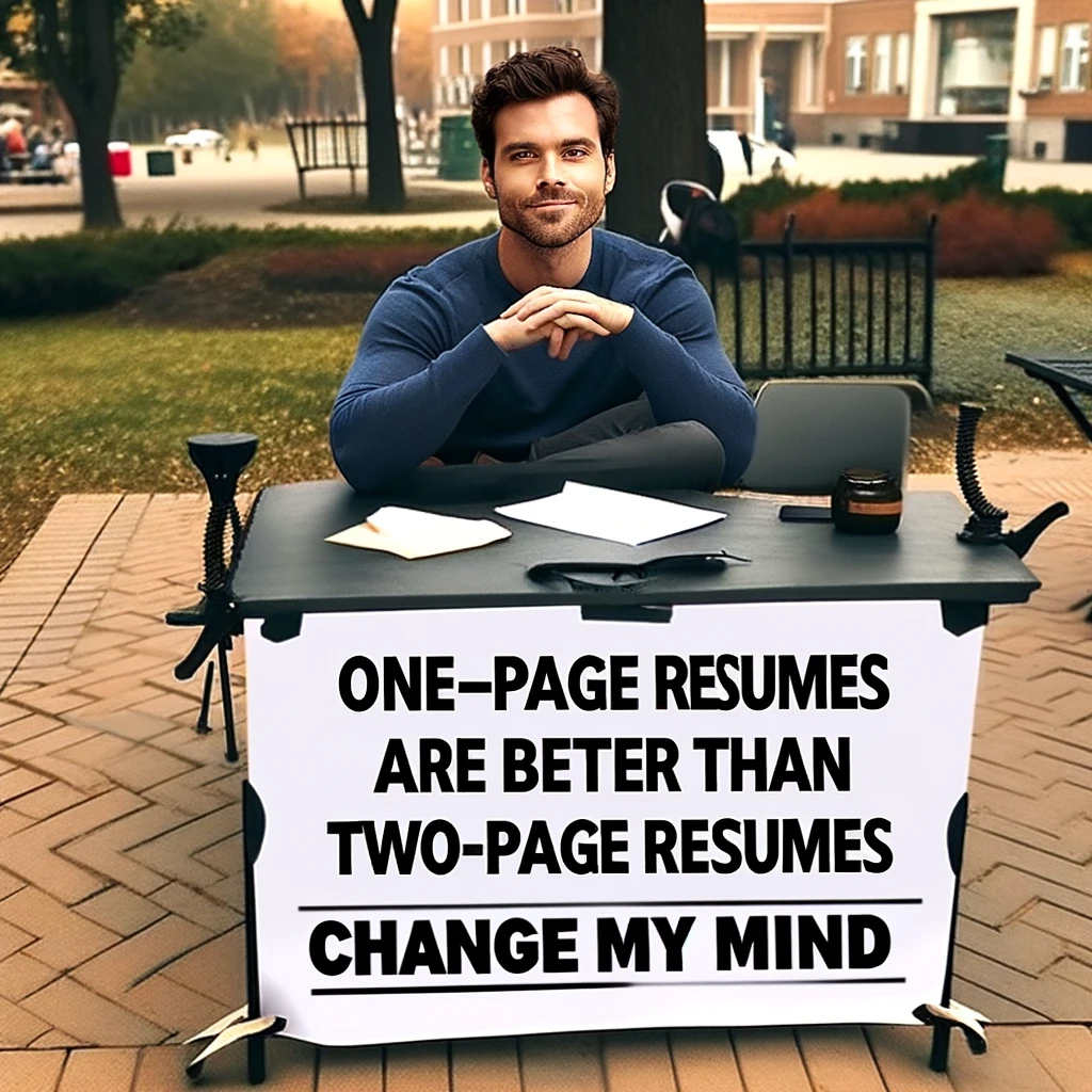 Image of a man sitting at a table outside, confidently looking at the camera, with a smug expression. On the table, there's a sign facing towards the viewer. The sign reads: 'One-page resumes are better than two-page resumes. Change my mind.' The background is a casual outdoor setting, possibly in a park or on a college campus. The man is dressed casually and looks approachable yet firm in his belief.