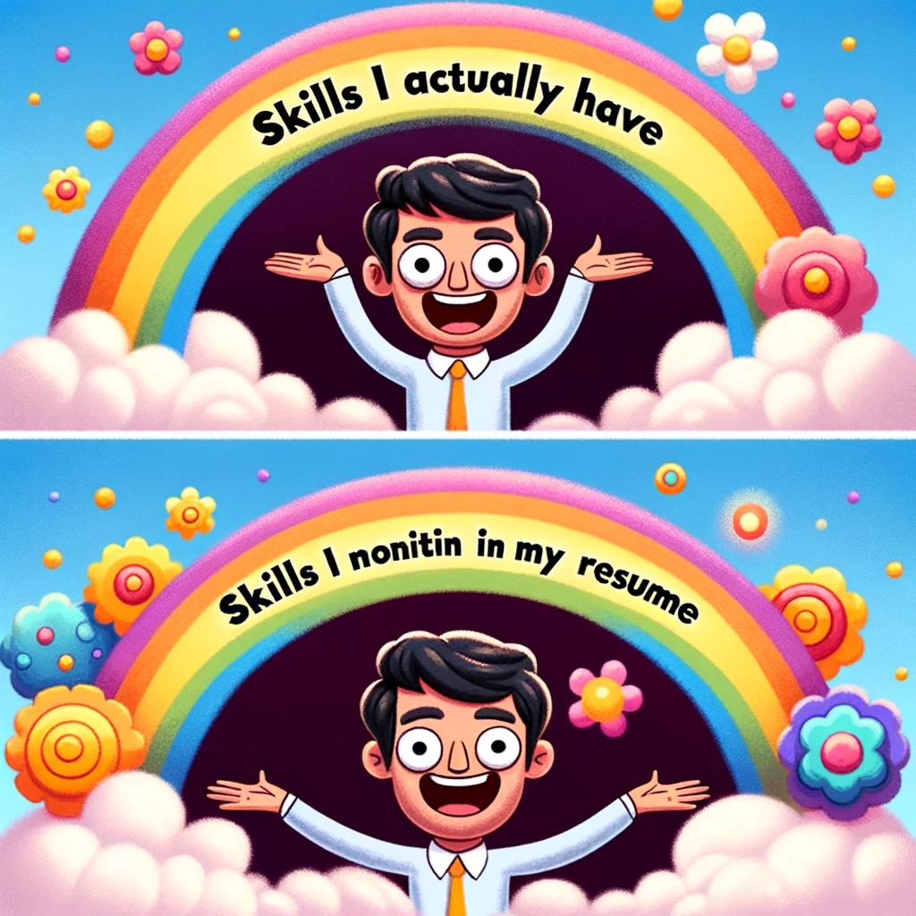 A cartoon character under a rainbow, looking happy and imaginative. The image should have two captions: Top caption says 'Skills I actually have.' Bottom caption says 'Skills I mention in my resume.' The character should be depicted as enthusiastic and imaginative, evoking a sense of creativity and exaggeration.