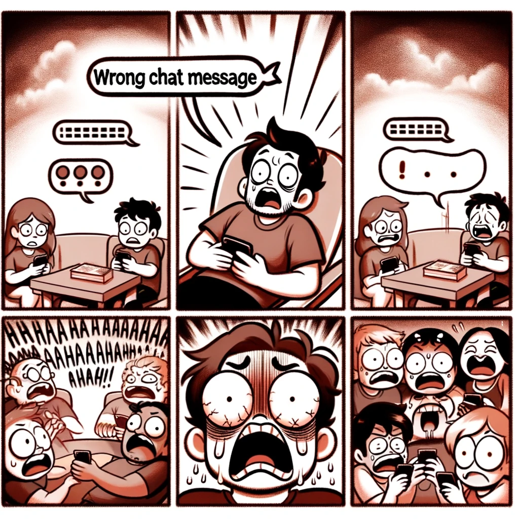 Wrong Chat Message: A two-panel meme. In the first panel, a person sends a message and immediately realizes it's in the wrong chat group, showing a look of horror. The second panel shows the reactions of the unintended recipients, ranging from confusion to amusement. The style should be cartoonish, emphasizing the sender's horrified expression in the first panel and the varied, exaggerated reactions of the recipients in the second panel, highlighting the humor in the situation.