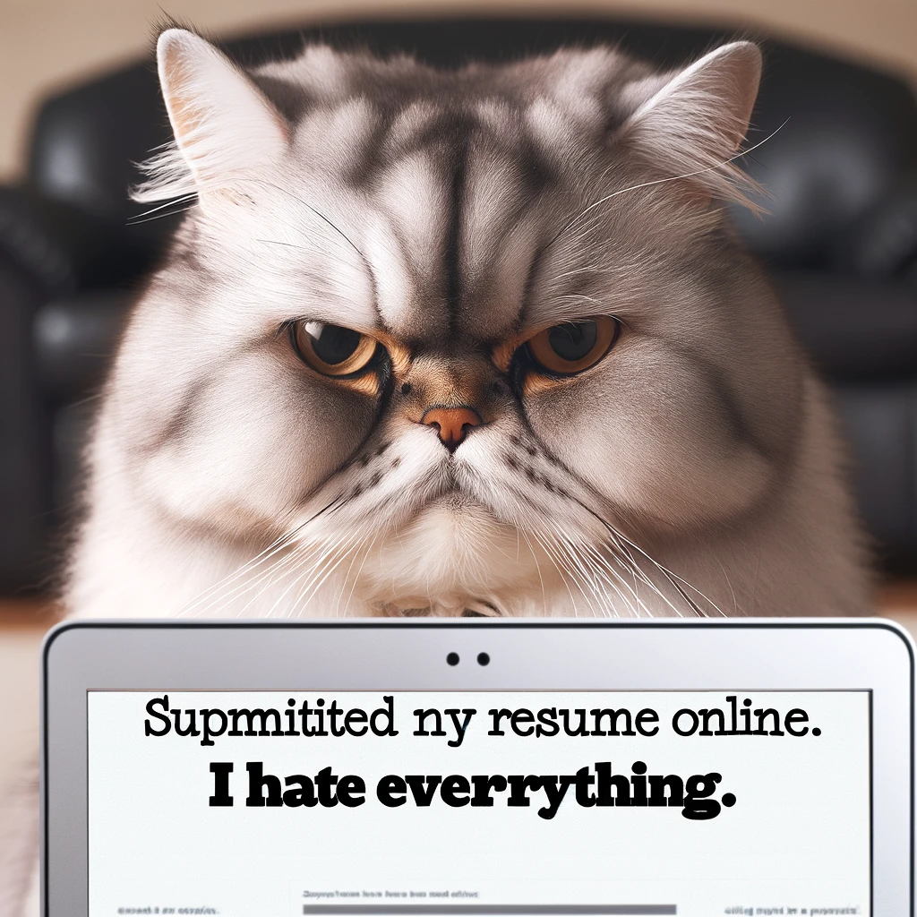 A grumpy looking cat with a displeased expression. The image should have a caption: 'Submitted my resume online. I hate everything.' The cat should appear annoyed and unimpressed, embodying the frustration of job applications and online submissions.