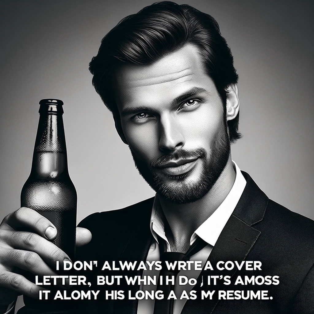 A confident man holding a beer, with a self-assured look. The image should have a caption: 'I don't always write a cover letter, but when I do, it's almost as long as my resume.' The man should exude confidence and charisma, symbolizing the aura of someone who is rarely perturbed by formalities.