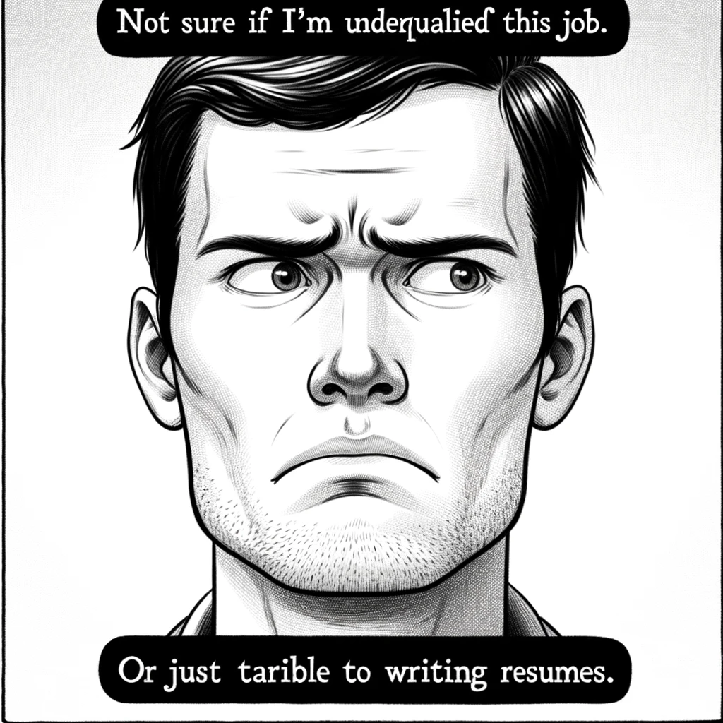 A confused and suspicious looking person with a furrowed brow. The image should have two captions: Top caption says 'Not sure if I'm underqualified for this job.' Bottom caption says 'Or just terrible at writing resumes.' The person should appear uncertain and contemplative, embodying the dilemma of self-doubt in job applications.