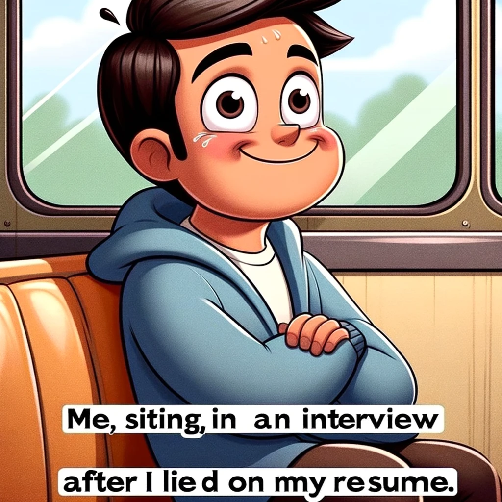 An image of a cartoon boy sitting on a bus, with a nervous smile on his face. The scene looks like a moment of realization or apprehension. The caption reads: 'Me, sitting in an interview after I lied on my resume.' The image should convey a humorous sense of anxiety or being out of place.