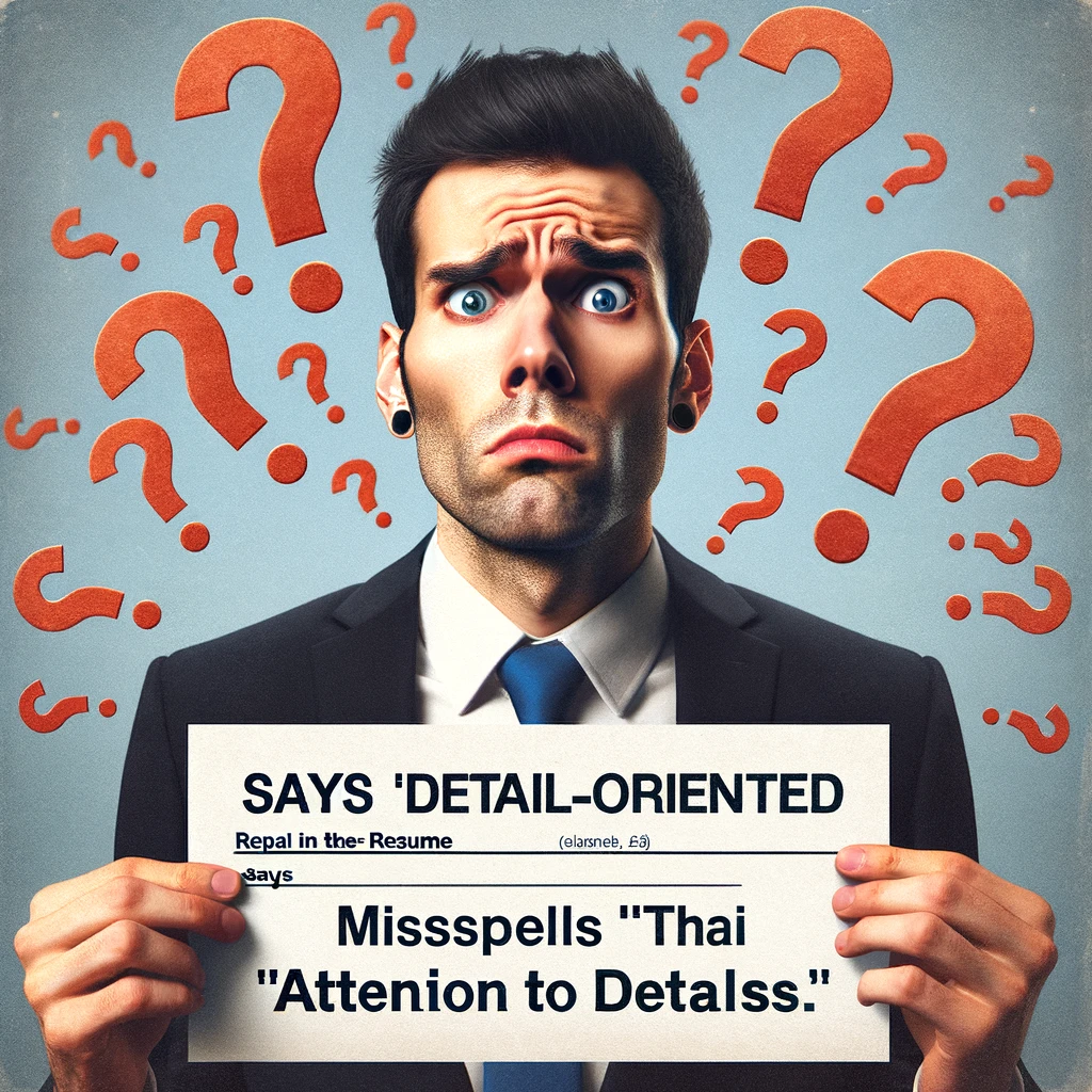 An image of a man looking confused with question marks around his head. He appears perplexed or doubtful. The text reads: 'Says 'detail-oriented' in the resume. Misspells 'attention to details.' The scene should convey a humorous sense of irony and self-contradiction.