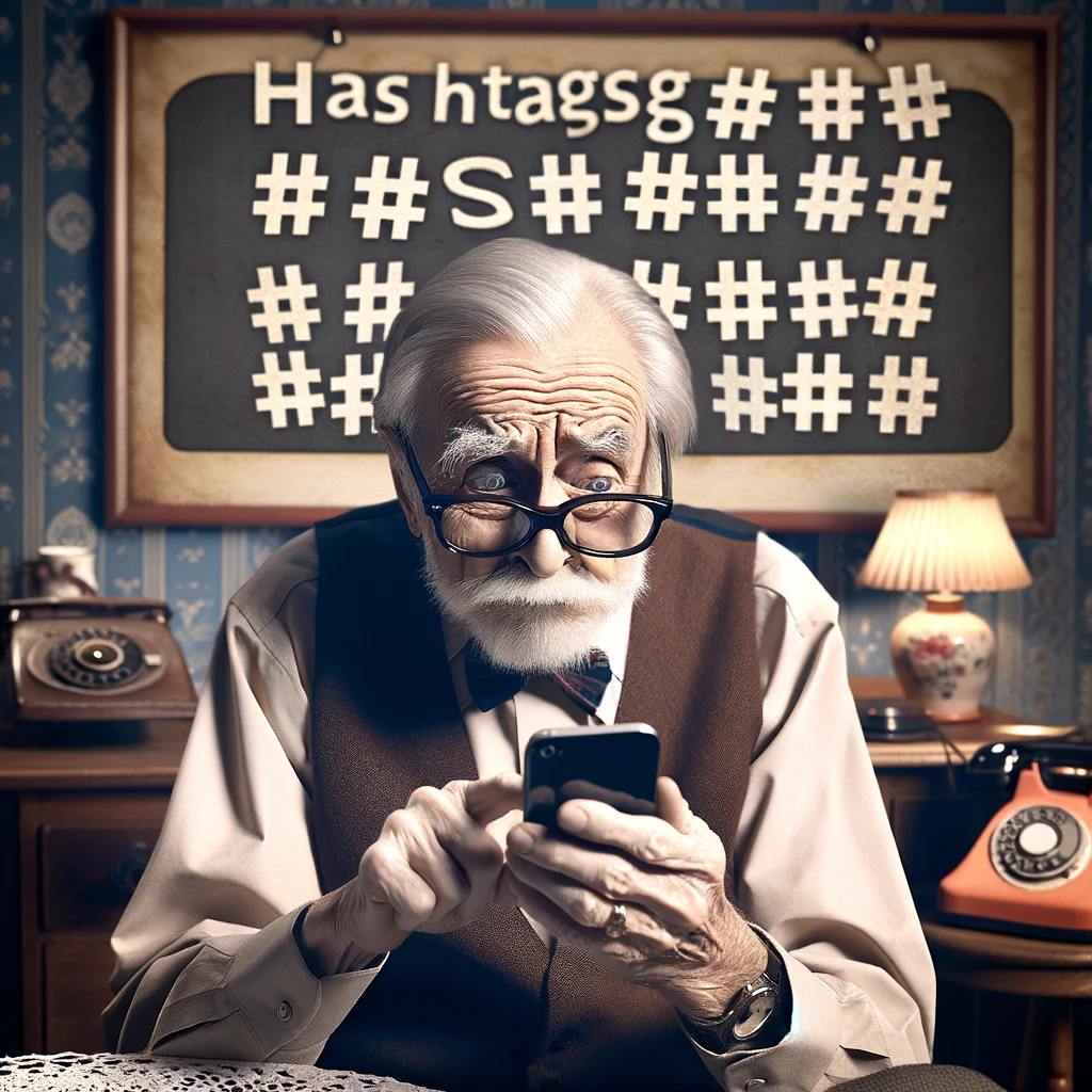 An older person trying to look hip using hashtags inappropriately in a text or social media post, leading to a humorous mismatch between their message and the random or excessive hashtags. The image captures the essence of the 'Hashtag Misuse' meme, showing the person's attempt to be trendy but failing due to their misunderstanding of how hashtags work, adding an element of comedy to the scene. The background should include elements that subtly hint at the person's age, like a vintage wallpaper or an old-fashioned phone, to emphasize the generational gap.