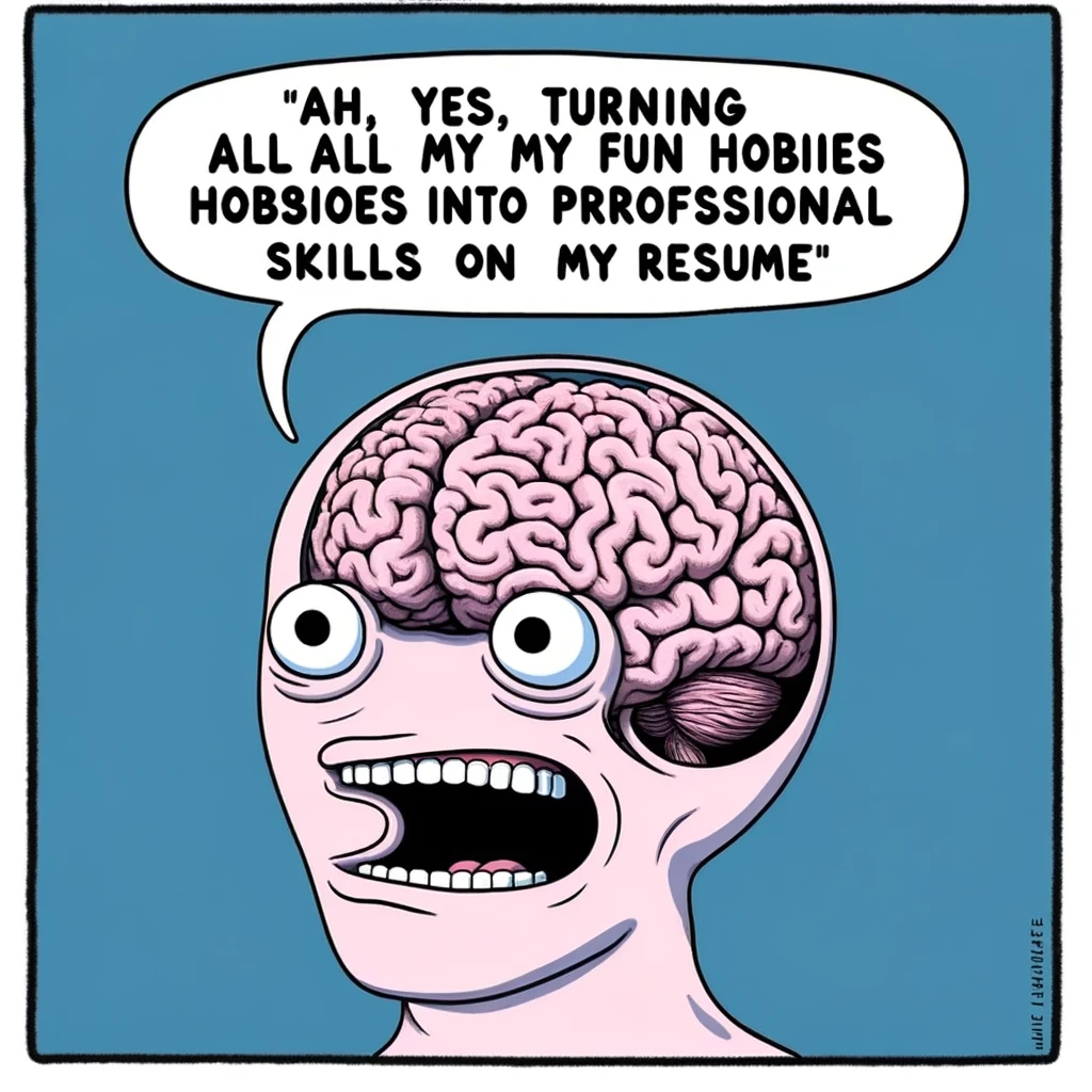 An image of a brain, personified with a caption that reads: 'Ah, yes, enslaved experience.' Below it, there's a subtitle that says: 'Me, turning all my fun hobbies into professional skills on my resume.' The brain should have a humorous expression, and the overall scene should convey the funny irony of transforming hobbies into work experiences.