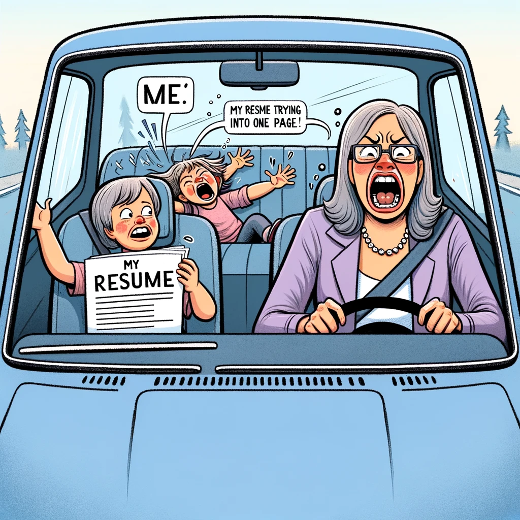 An image showing a scene with a mom driving a car and a child screaming in the backseat. The mom is labeled 'Me,' and the child is labeled 'My resume trying to fit into one page.' The scene should capture a sense of frustration and chaos, highlighting the humor in the struggle of condensing a resume.