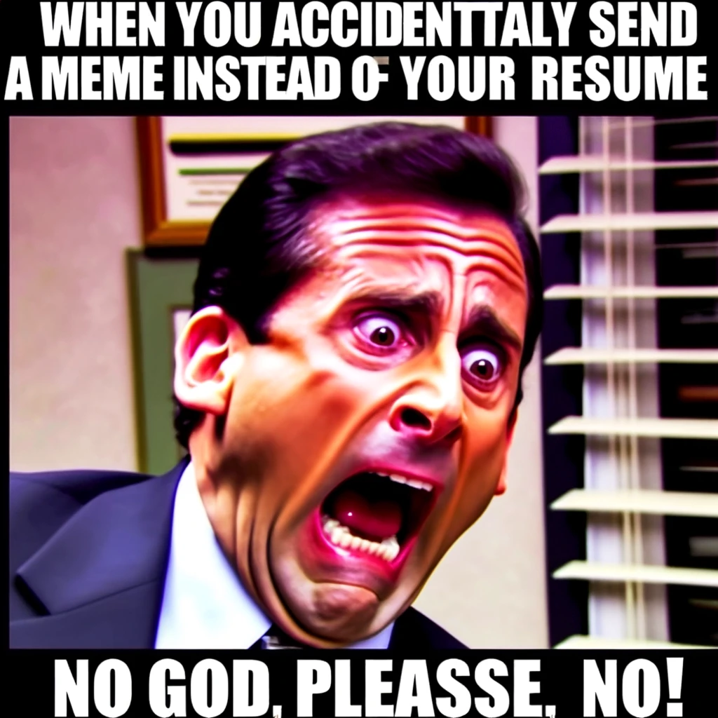 An image depicting Michael Scott from 'The Office' with a horrified expression, as if screaming in panic. The top text reads: 'When you accidentally send a meme instead of your resume.' The bottom text reads: 'No God, Please No!' The scene should capture a humorous sense of regret and horror.