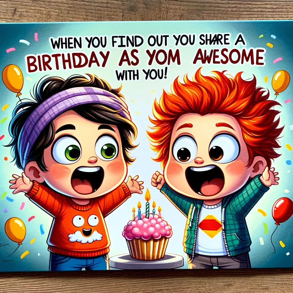 Two cartoon characters, one looking excited and the other equally thrilled, standing side by side. A caption says, "When you find out you share your birthday with someone as awesome as you!" The characters are colorful and expressive, capturing the joy and surprise of discovering a shared birthday. The background is festive with balloons and confetti to enhance the celebratory mood.