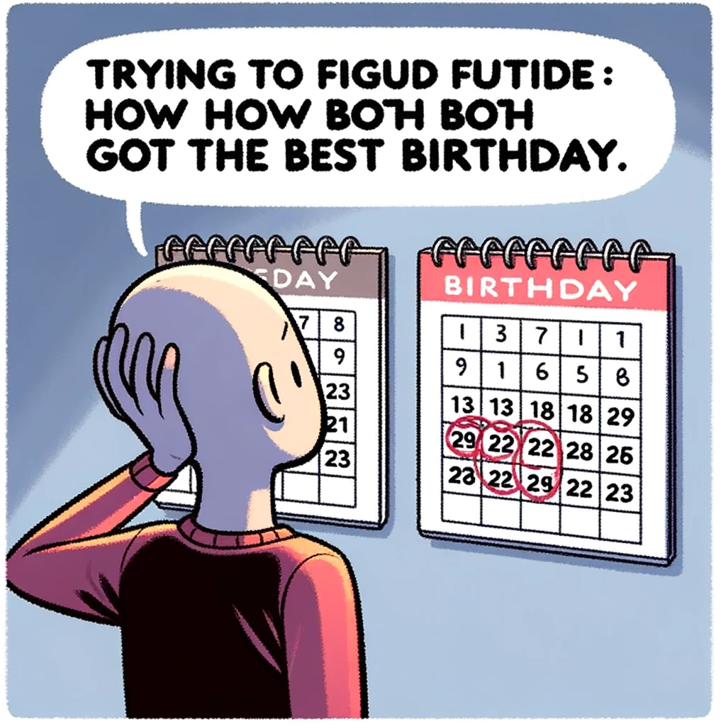 A confused person staring at two calendars, both marked with the same birthday date. The caption reads, "Trying to figure out how we both got the best birthday." The person is depicted with a puzzled expression, scratching their head, while looking at two identical calendars. The calendars are prominently displayed with the same birthday date circled in red. The background is simple to emphasize the focus on the person and the calendars.