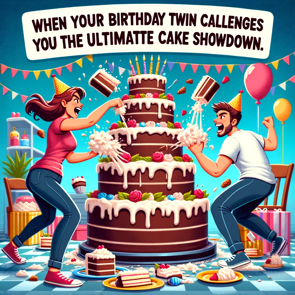 Two people having a playful cake fight, with a huge birthday cake in the middle. The caption says, "When your birthday twin challenges you to the ultimate cake showdown." The scene is lively, with each person playfully throwing cake at the other. The huge birthday cake is decorated and colorful, serving as the centerpiece of the image. The background is a festive party setting, enhancing the playful and joyous atmosphere of the cake fight.