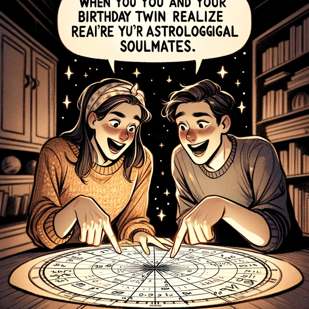 Two people looking at a star map, excitedly pointing at a specific date. The caption reads, "When you and your birthday twin realize you're astrological soulmates." The characters are depicted with a sense of wonder and excitement, peering closely at a detailed star map. They are both pointing at a marked date on the map, signifying their shared birthday. The background is a cozy, dimly lit room, enhancing the intimate and explorative nature of the scene.