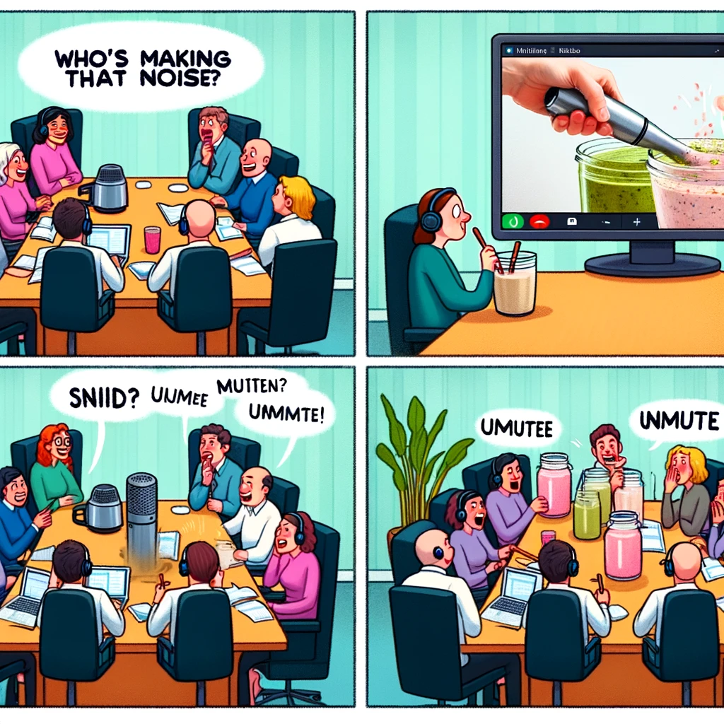 A meeting scene where everyone is asking "Who's making that noise?" The next panel zooms out to show someone unaware they are not muted, doing something noisy like blending a smoothie or playing an instrument. The image should capture the chaos and confusion of the situation, with multiple video call windows showing people's puzzled and annoyed expressions. The unmuted person should be completely oblivious, happily engaged in their noisy activity. This scene encapsulates the 'Unmute Mystery' meme, highlighting the common mishap of not being muted during virtual meetings.